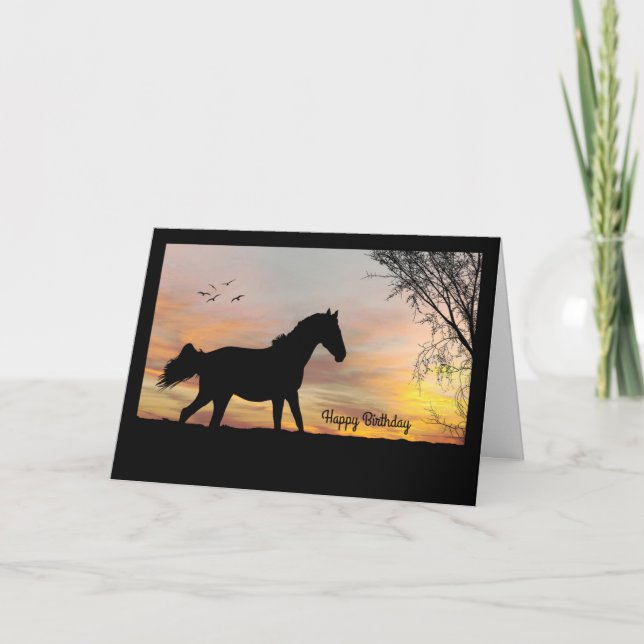 Silhouette Pferd mit/Sonnenuntergang Geburtstagska Karte (Vorderseite)