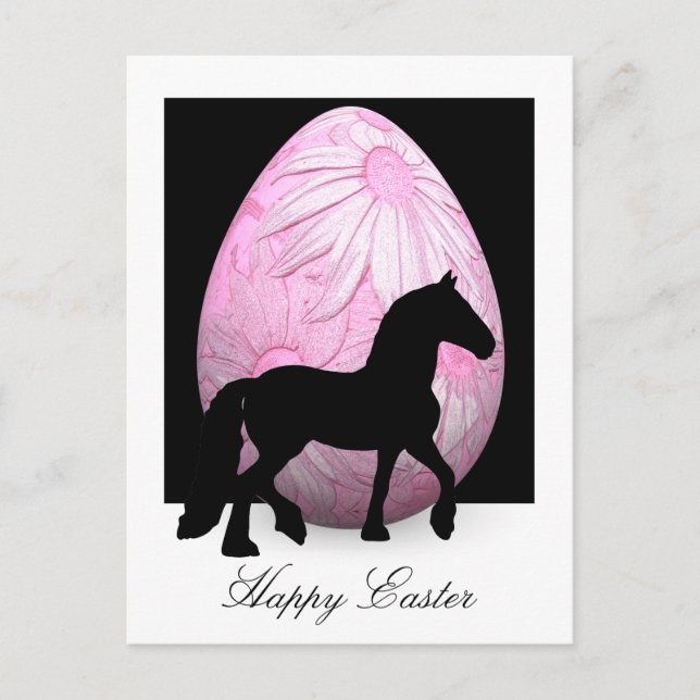 Silhouette Pferd und Rosa Blume Ei Happy Osterfest Postkarte (Vorderseite)