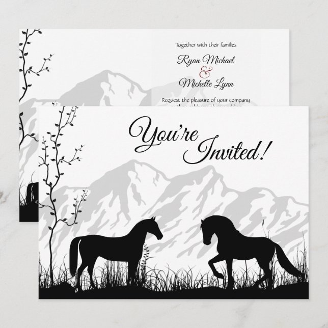 Silhouette Pferde und Schwarz-weiße Hochzeit Einladung (Vorne/Hinten)