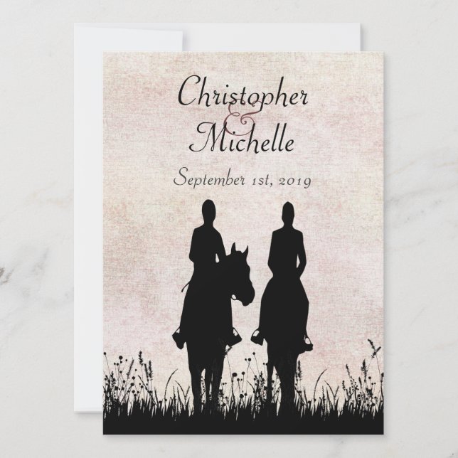 Silhouette Reiten Paare Hochzeit Einladung (Vorderseite)