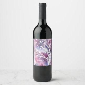 Silhouette Rosa und Lila Tinte und Weiße Bäume Weinetikett