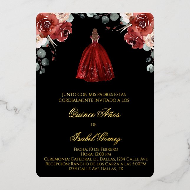 Silhouette rouge quinceañera invitation foil invit (Recto)