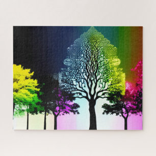 Silhouette Schwarze Bäume mit Regenbogenuntergrund