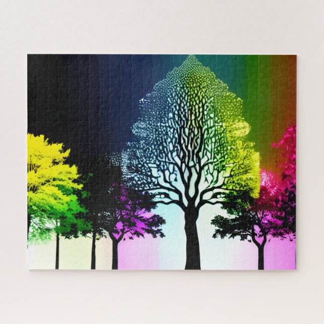 Silhouette Schwarze Bäume mit Regenbogenuntergrund (Horizontal)