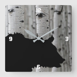 Silhouette Schwarzer Bär Aspen Tree Wall Uhr