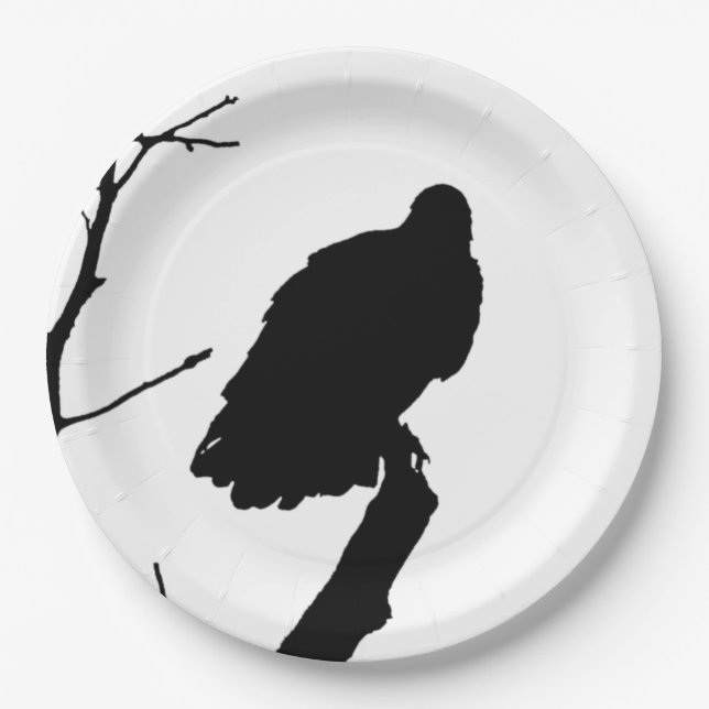 Silhouette-schwarzer u. weißer Geier-Raubvogel Pappteller (Vorderseite)