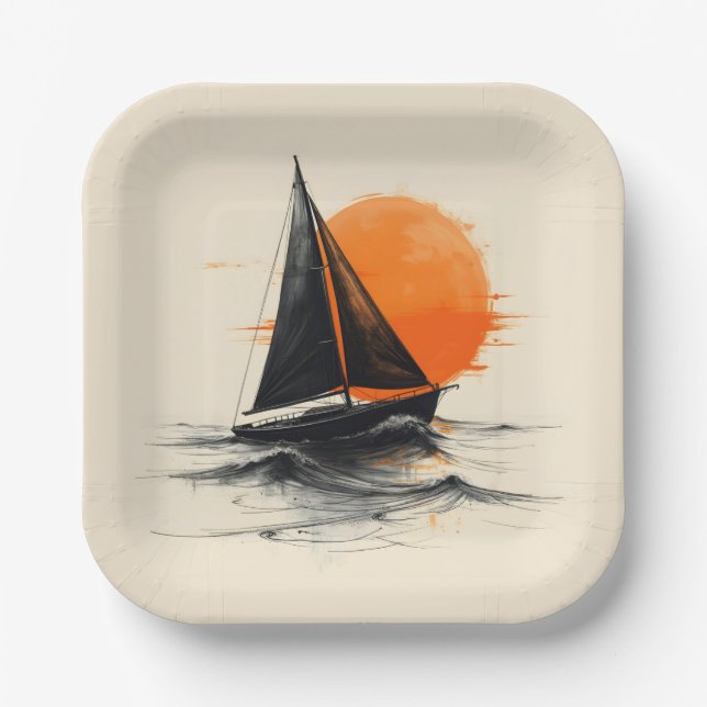 Silhouette Segelboot Sketch mit Orange Sun Pappteller (Vorderseite)