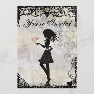 Silhouette Teen Girl and Hearts Birthday Einladung