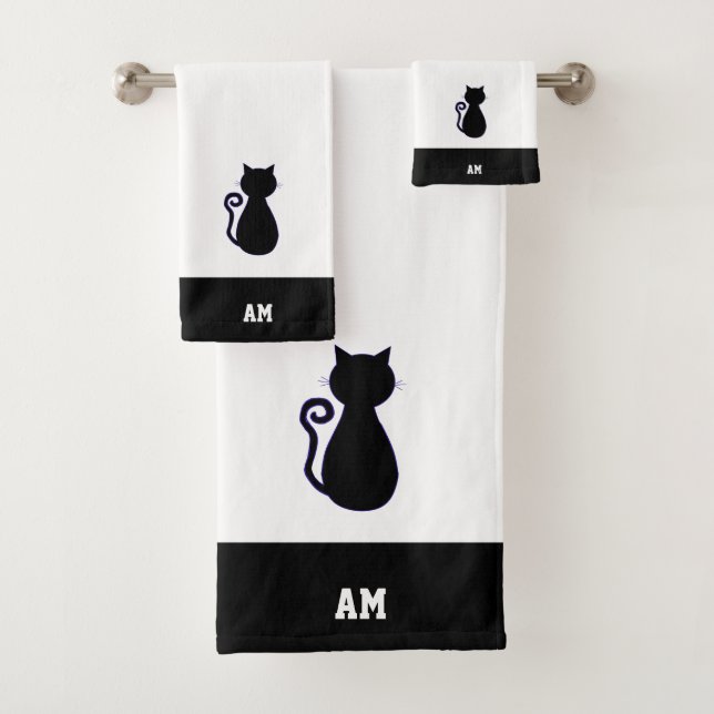 Silhouette und Monogramm der Katze in Schwarz-Weiß Badhandtuch Set (Insitu)