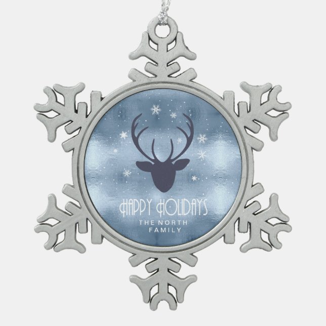 Silhouette und Schneeflocken Blaue ID861 Schneeflocken Zinn-Ornament (Vorderseite)