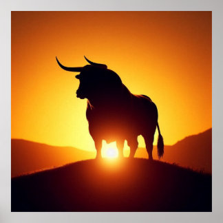 Silhouette von Bullen und Sonnenuntergang Poster