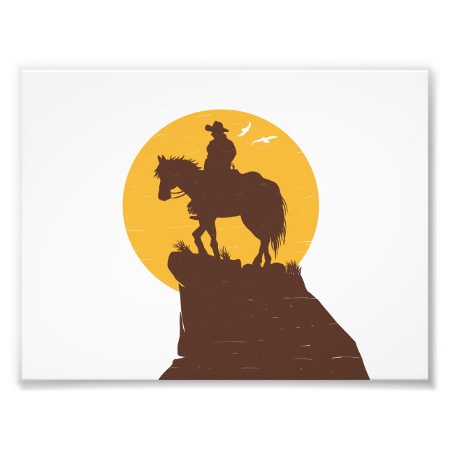 Silhouette von Cowboy-Reitpferd bei Sonnenuntergan Fotodruck (Vorne)