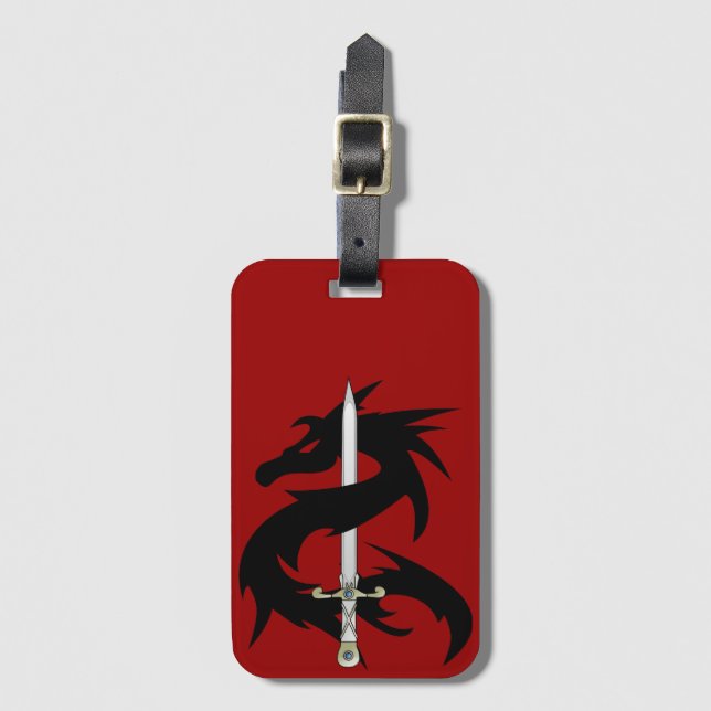 Silhouette von Drachen und Schwert Gepäckanhänger (Vorderseite Vertikal)