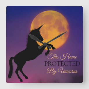 Silhouette von Einhorn, Vollernte Mond Quadratische Wanduhr