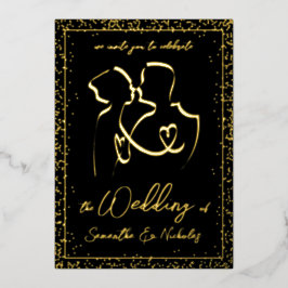 Silhouette von Liebhabern der Black & Gold Hochzei Folieneinladung