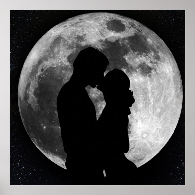 Silhouette von Liebhabern in Vollmond nachts Poster (Vorne)