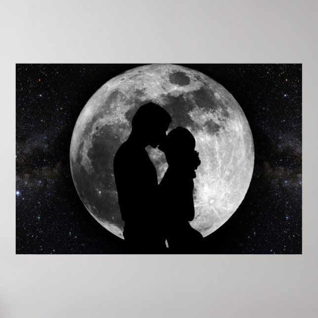 Silhouette von Liebhabern in Vollmond nachts Poster (Vorne)