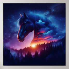 Silhouette von Pferden in einer sonnigen Waldlands Poster