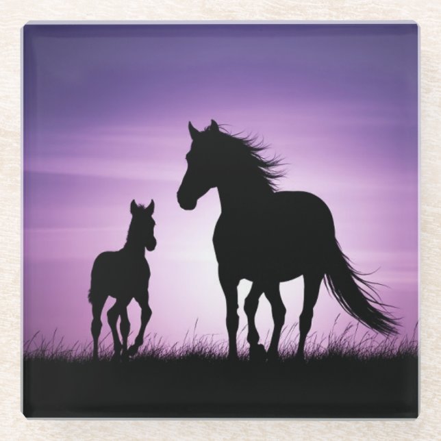 Silhouette von Pferden und Fohlen Glasuntersetzer (Vorderseite)
