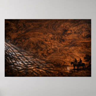 Silhouette von Pferdereitern bei Sonnenuntergang Poster