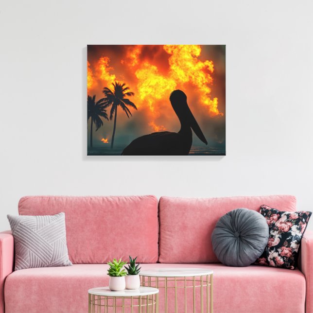 Silhouetted Pelican Watching a Wildfire Leinwanddruck (Insitu (Wohnzimmer))