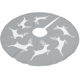 Silhouetten der weißen Rentiere auf Grau Polyester Weihnachtsbaumdecke