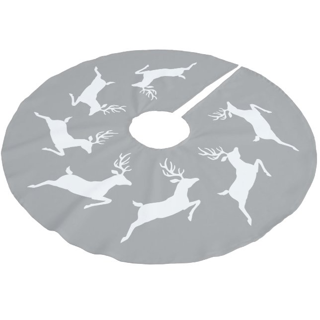 Silhouetten der weißen Rentiere auf Grau Polyester Weihnachtsbaumdecke (Schrägansicht)