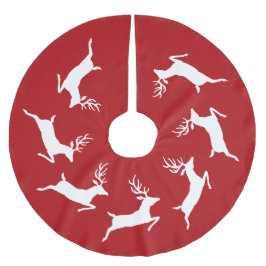 Silhouetten der weißen Rentiere auf Rot Polyester Weihnachtsbaumdecke