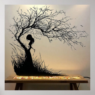 Silhouetten-Szene einer Frau mit Naturthema Poster
