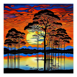 Silhouetten von Bäumen bei Sonnenuntergang 1 Poster