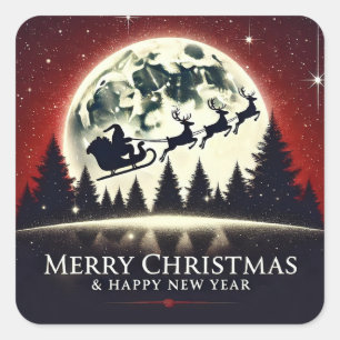 Silhouetten von Weihnachtsmann und Rentieren im Fl Quadratischer Aufkleber