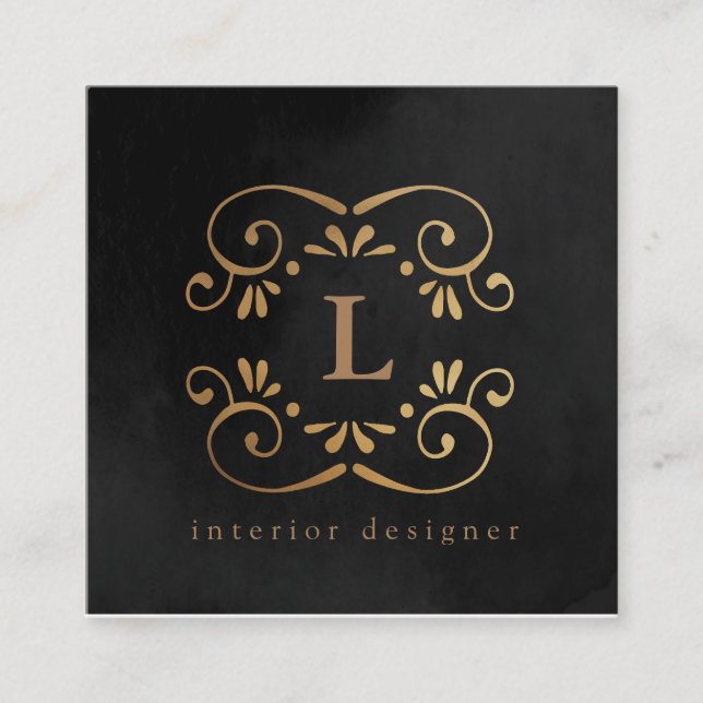 Silk Black Gold Imitate Folie geblüht Monogramm Quadratische Visitenkarte (Vorderseite)