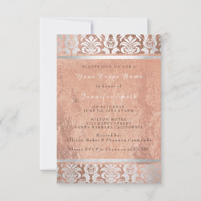 Silk Rose Gold Kupfer Silber Damask Bridal 16. Einladung (Vorderseite)