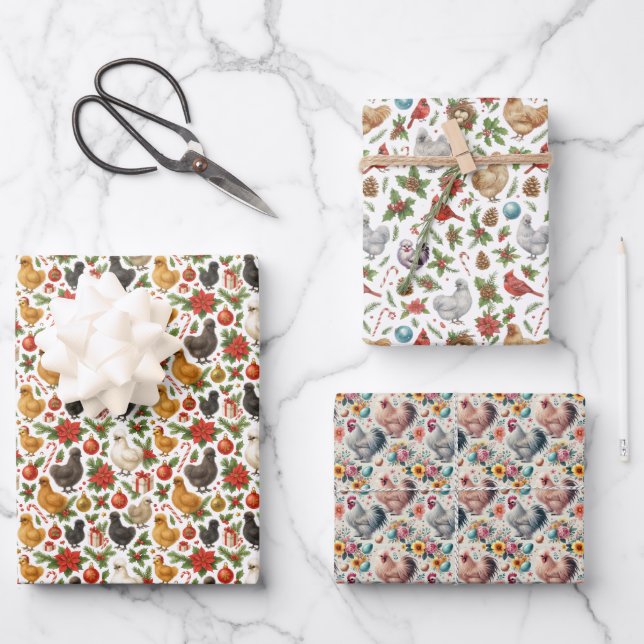 Silkie Chicken Christmas Wrapping Papers Set of 3 Geschenkpapier Set (Vorderseite)
