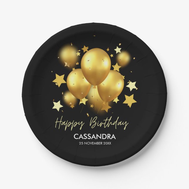 Silky Golden Balloons Stars Black Birthday Pappteller (Vorderseite)