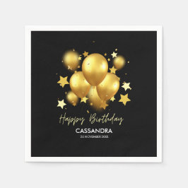 Silky Golden Balloons Stars Black Birthday Serviette