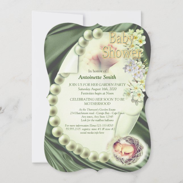 Silky GREEN Pearl Baby Dusche Einladung (Vorderseite)