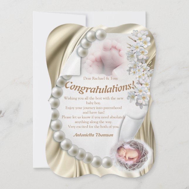 Silky Ivory Pearl Baby Glückwunschs Card Einladung (Vorderseite)
