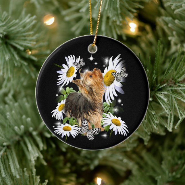 Silky Terrier Daisy Butterfly Gedenkpfeife druckt Keramik Ornament (Baum)