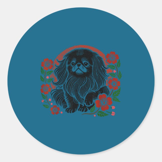 Silly Cherry Pekingese Blossoms Floral Dog Japanes Runder Aufkleber (Vorderseite)