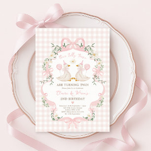 Silly Geese Twins Rosa Schleife Gingham Mädchen Ge Einladung