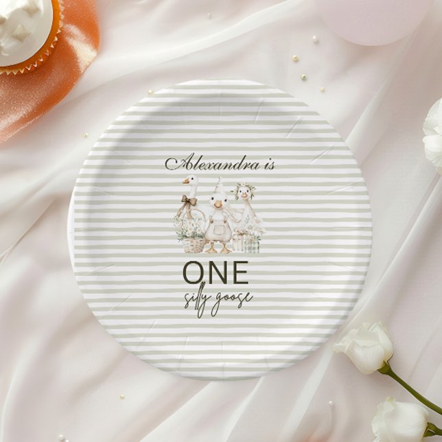 Silly Goose 1st Birthday Green Stripes  Pappteller (Von Creator hochgeladen)