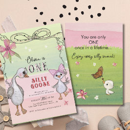 Silly Goose 1st Birthday Pink Bow Green Coquette Einladung