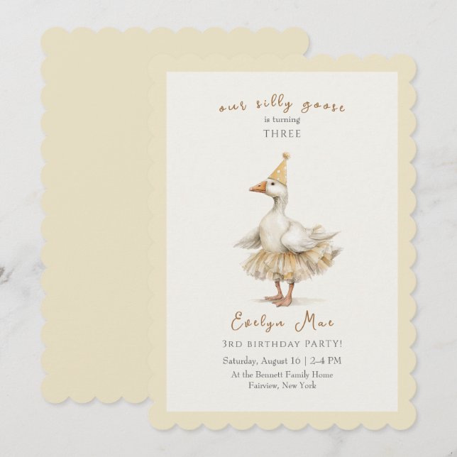 Silly Goose 3rd Birthday Yellow Watercolor Einladung (Vorne/Hinten)
