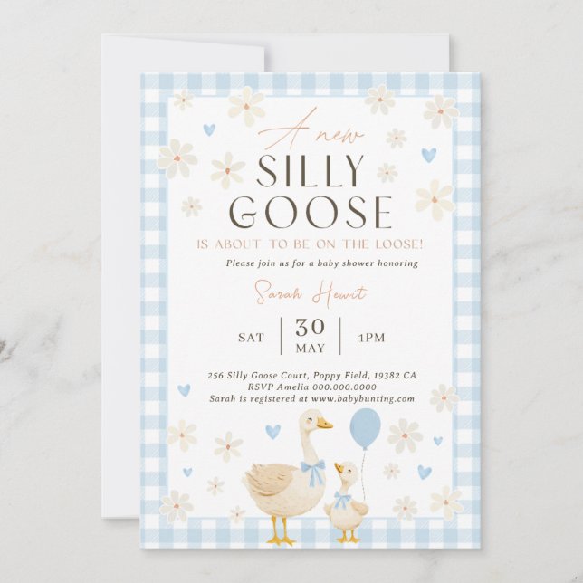 Silly Goose Baby Shower Invitation Boy, Blue Baby  Einladung (Vorderseite)