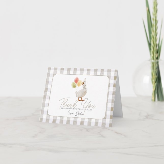 Silly Goose Beige Gingham Baby Shower Dankeskarte (Vorderseite)