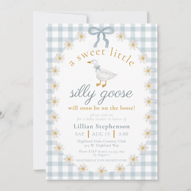 Silly Goose Blue Bow Daisy Gingham Baby Shower Einladung (Vorderseite)
