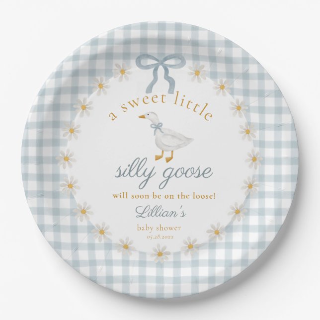 Silly Goose Blue Bow Daisy Gingham Baby Shower Pappteller (Vorderseite)