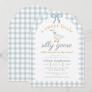 Silly Goose Blue Bow Duck Gingham Baby Shower Arch Einladung