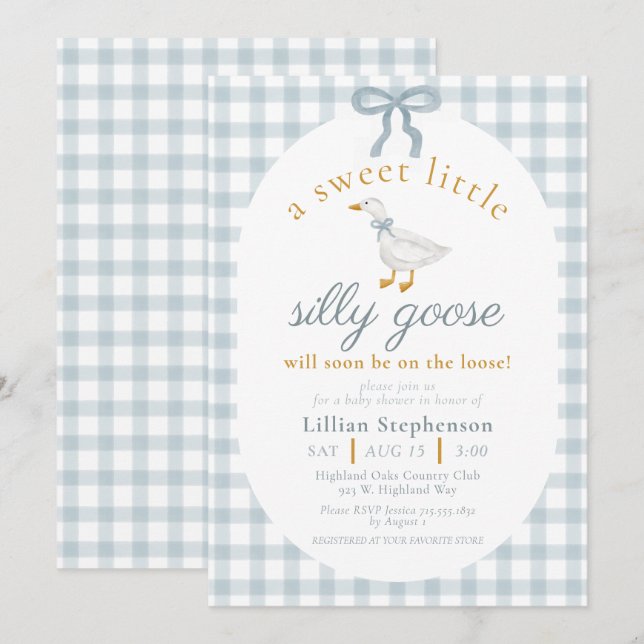 Silly Goose Blue Bow Duck Gingham Baby Shower Einladung (Vorne/Hinten)